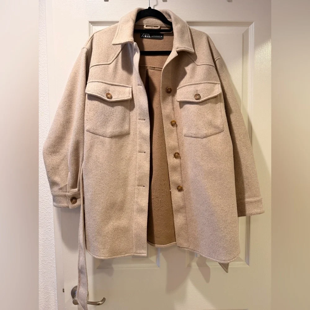 Zara Beige Utility Shacket with Tie Belt - Picture 4 of 6